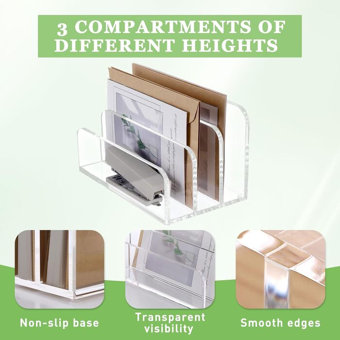Акриловий тримач для листів з 3 відділеннями Настільний органайзер для листів Прозорий органайзер для пошти Лоток для листів пропонує більше місця для зберігання Елегантний лоток для документів