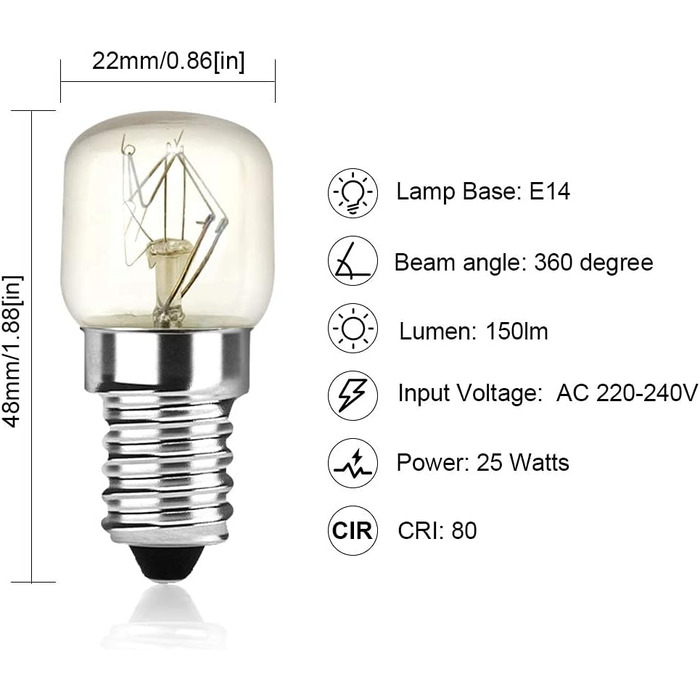 Лампа для духовки Bonlux E14 25W, соляна лампа E14 жаростійка 300 градусів, 150LM 2400k тепла біла соляна лампа, E14 лампочка для холодильника/духовки/соляної лампи, AC 220-240V