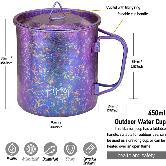 Титанова чашка TiTo, кемпінговий чайник, кава, кухоль для води, надлегкий портативний посуд 450 мл, складна ручка, титановий горщик з кришкою для відпочинку на природі, походів, пікніка, напоїв, відкритий фіолетовий