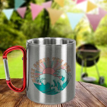 Металева кружка з нержавіючої сталі з карабіном, приблизно 330 мл, Сонце сходить - Кемпінгова кружка - Подарунки для чоловіків та жінок на свята