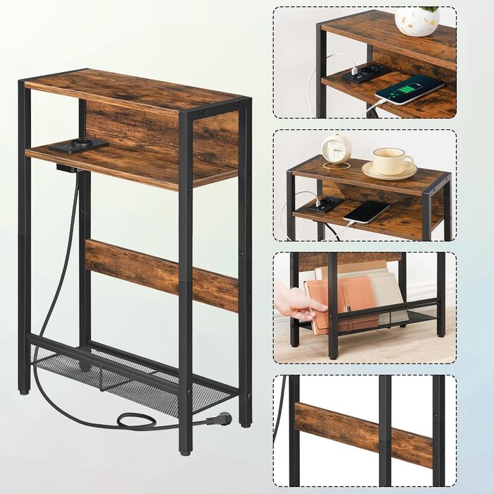 Вузький приставний столик, столик біля дивана із зарядною станцією, тумбочка з 2 дерев&39яними композитними панелями та 1 металевою полицею, для невеликих приміщень, вітальня, вінтажний коричневий та чорний DTBZ05CBF Вінтажний коричневий, чорний