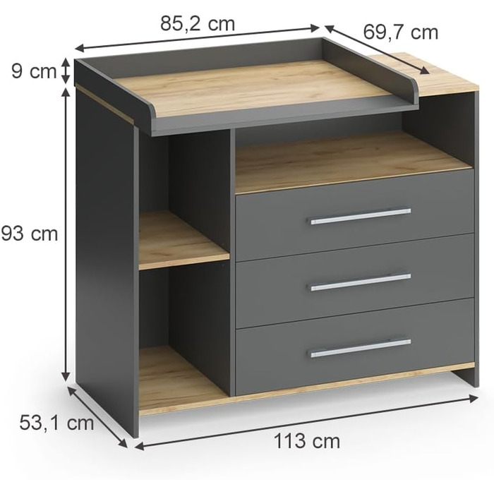 Пеленальний столик Vicco Oskar, антрацит/золотистий дуб, 113 x 93 см з 3 шухлядами