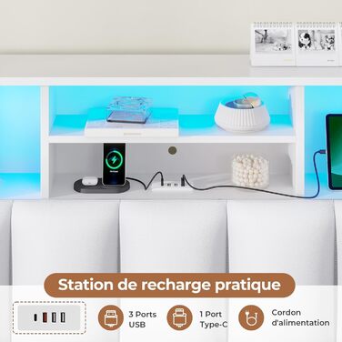 Ліжко AOGLLATI 140200 см, М&39яке ліжко із зарядною станцією та світлодіодним освітленням, Двоспальне ліжко з місцем для зберігання речей та узголів&39ям для зберігання речей, 4 шухляди, Рейкова основа, без матраца (для матраца 140 x 200 см), Білий 140 x 