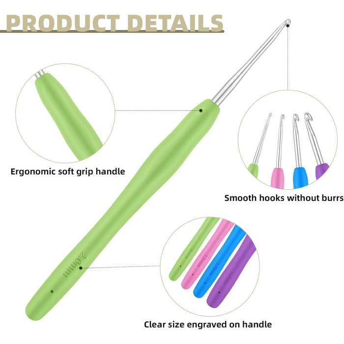 Набір гачків Prasacco з 4 предметів, 4 розміри. Ергономічний гачок. Металевий гачок із різнобарвною силіконовою ручкою. Подовжена вязальна спиця 14 см для початківців і любителів вязання гачком (2/3/4/5 мм)