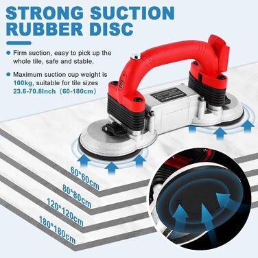 Електричний ручний вібратор для плитки, плиткоріз з 2 присосками, акумулятор 2 x 2000 мАг, автоматична система вирівнювання плитки з 6 регульованими швидкостями, для стін і підлоги 60-180 см