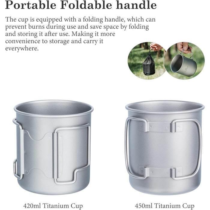 Титанова кемпінгова каструля Boundless Voyage 420 мл з кришкою, складною ручкою, надлегкою титановою чашкою, кавовою чашкою Ti1544B Ti1544b-r