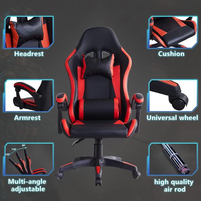 Ергономічне ігрове крісло CLIPOP, комп&39ютерне обертове крісло з підголівником та поперековою опорою, функція нахилу та блокування, регулювання висоти, поворотне, висока спинка, гоночні крісла, чорне/червоне