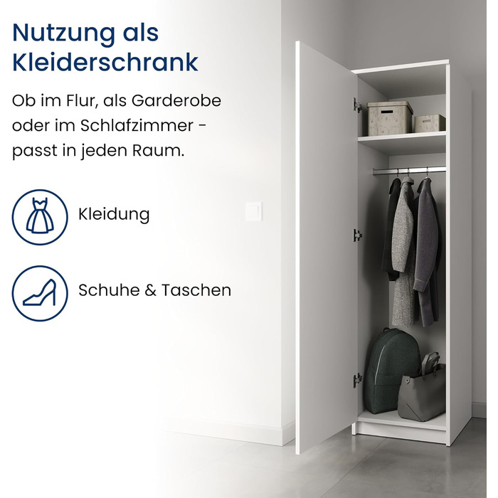 Домашня колекційна шафа, багатофункціональна шафа, біла, ширина 50 см, висота 180 см, з вішалкою для одягу та додатковим відділенням, органайзер для гардеробу з МДФ, 180 x 50 x 50 см (В x Ш x Г), білий