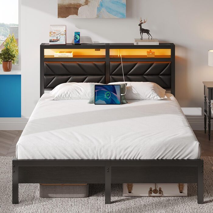Ліжко Seventable 140x200 зі світлодіодним підсвічуванням, зарядною станцією (2 порти USB та 1 порт Type-C), металеве ліжко з м&39яким узголів&39ям та місцем для зберігання речей, двоспальне ліжко для спальні, чорне 140 x 200 см