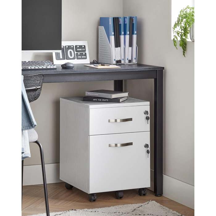 Мобільна шафа для документів VASAGLE із замком, 2 шухлядами, 5 коліщатками, регульованими підвісними рейками, для підвісних файлів формату A4 та Letter, хмарно-білий LCD22WV1