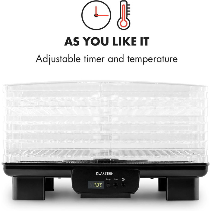 Дегідратор, дегідратор, сушарка для фруктів, м'яса та фруктів, 6 рівнів, штабельована, 550 Вт, регульована температура, робота з конвекцією, РК-дисплей, без бісфенолу А, чорний