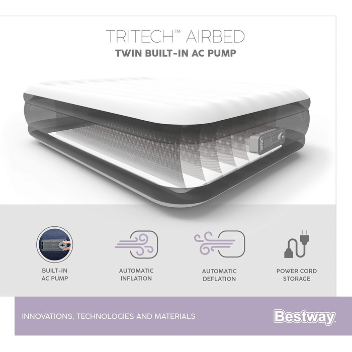 Надувний матрац Bestway Tritech, Vento, 191 x 97 x 46 см, одномісний, із вбудованим електричним насосом