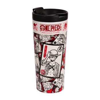 Термокружка Elbenwald One Piece - 425 мл - Кружка для кави з нержавіючої сталі з кришкою, що закручується, та отвором для пиття, що замикається (висота 19 см) - Біла/Червона з мотивом Луффі One Piece Luffy