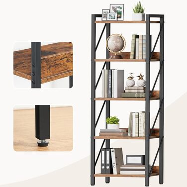 Книжкова полиця HOOBRO, стояча полиця, полиця-драбина, окремостояча вузька полиця, офісна полиця, 5 ярусів, відкриті полиці, для вітальні, спальні, офісу, кухні, рустикальний коричневий та чорний EBF73SJ01 42 x 28 x 132 см Рустикальний коричневий чорний