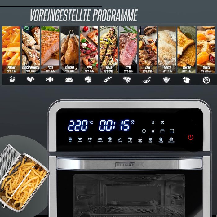 Фритюрниця HEINRICHS з цифровим світлодіодним дисплеєм Сенсорний РК-дисплей, 11 програм 1800 Вт фритюрниці без олії Фритюрниця Функція таймера фритюрниці Heinrich (14L XXXXXL)