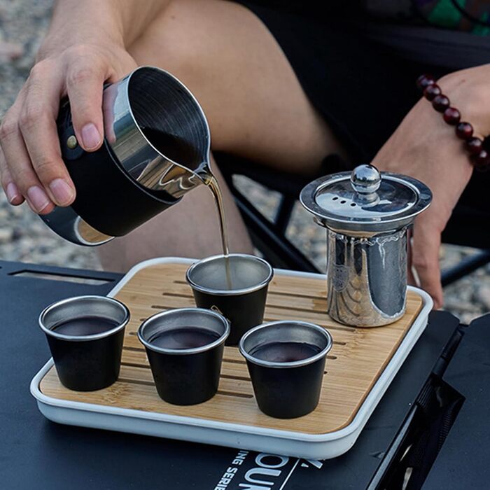 Портативний чайний сервіз для подорожей набір з чайника та чашок з нержавіючої сталі. Компактний чайний сервіз у стилі кунг-фу з сумкою для дому, активного відпочинку, походів, кемпінгу та рюкзаків.
