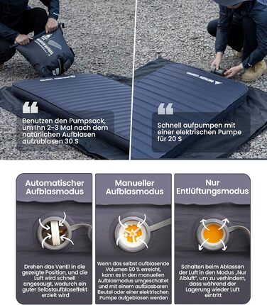 Самонадувальний надувний матрац з високим значенням R, надувне ліжко для 2 осіб, надувний матрац для гостей з мішком-насосом, для кемпінгу, подорожей та використання на свіжому повітрі (132 201 см)