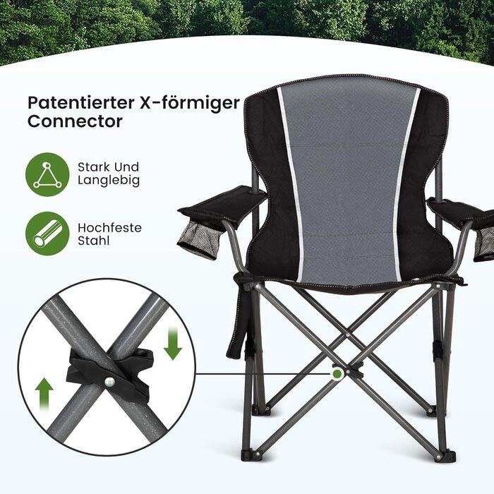 Комплект із 2 предметів Складане кемпінгове крісло, Складане крісло до 160 кг Кемпінгове крісло Складане крісло з підставками для чашок Складане крісло Кемпінгове рибальське крісло (сіре)