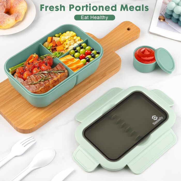 Ланчбокс Sinnsally з роздільниками, 1250 мл, набір. Контейнер для обіду для дорослих, коробка для сніданку, пенал для бутербродів з приборами. Ланч-бокс для перекусу, зелений колір.