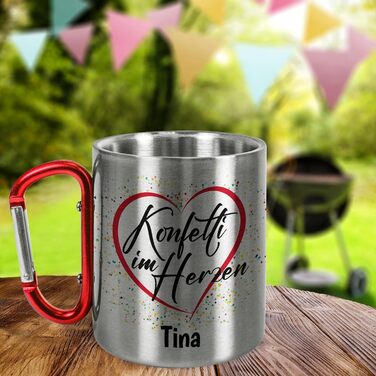 Правдиві твердження для карнавалу та парадів Весела металева кружка з нержавіючої сталі з карабіном, приблизно 330 мл, персоналізоване Конфетті в серці Карнавал/Марді Гра, без кришки, червона ручка