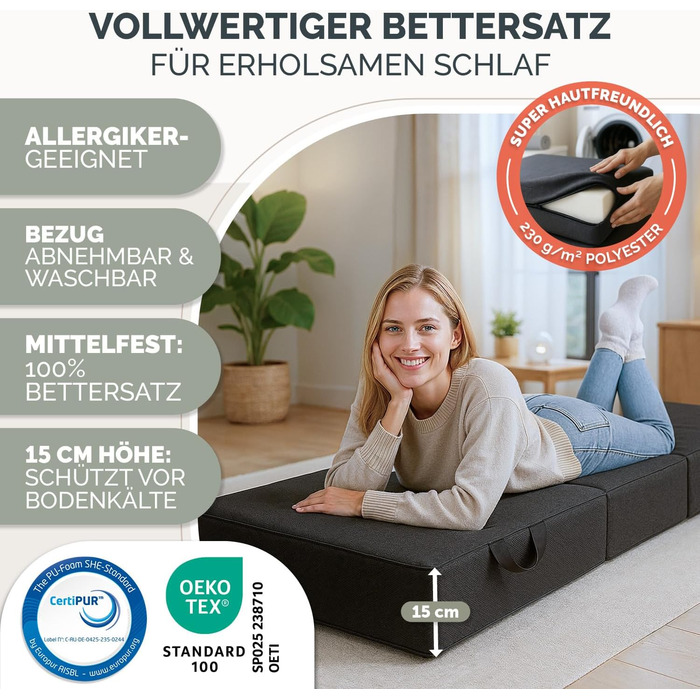 Розкладний матрац Blumtal 140x200 см - 3-секційний розкладний матрац для гостей, надзвичайно товстий (15 см) - розкладний матрац з пінопласту, що дбає про спину - Розкладний матрац чохол антрацитового кольору, приємний для шкіри та пральний, 140 x 200 x 1