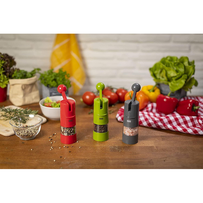 Подрібнювач з тріскачкою KUHN RIKON Salt Mill & Pepper Mill, ручний млин для спецій, зелений, регульований керамічний подрібнювач, пластик, 5,8 x 5,8 x 21,5 см