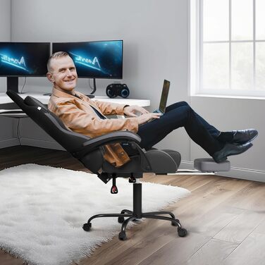 Ігрове крісло Froadp з масажем, підставкою для ніг та підголівником, ергономічне ігрове крісло з масажною поперековою подушкою, регульована спинка 90-135, шкіра штучна - чорний, сірий та білий