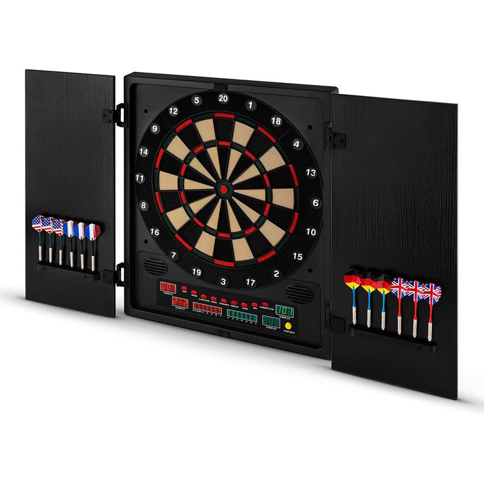 Електронний дартс oneConcept Dartmaster 180, E-Darts, Мішень для гри в дартс до 8 гравців, віртуальний суперник, світлодіодні дисплеї, 12 чорних дротиків з малюнком
