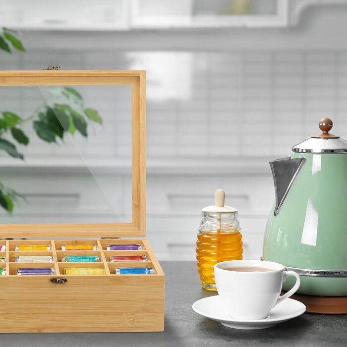 Чайна коробка Relaxdays, 12 відділень, для зберігання чайних пакетиків, бамбук, чайна скринька з оглядовим віконцем, ВxШxГ 11 x 32 x 28 см, натуральний колір