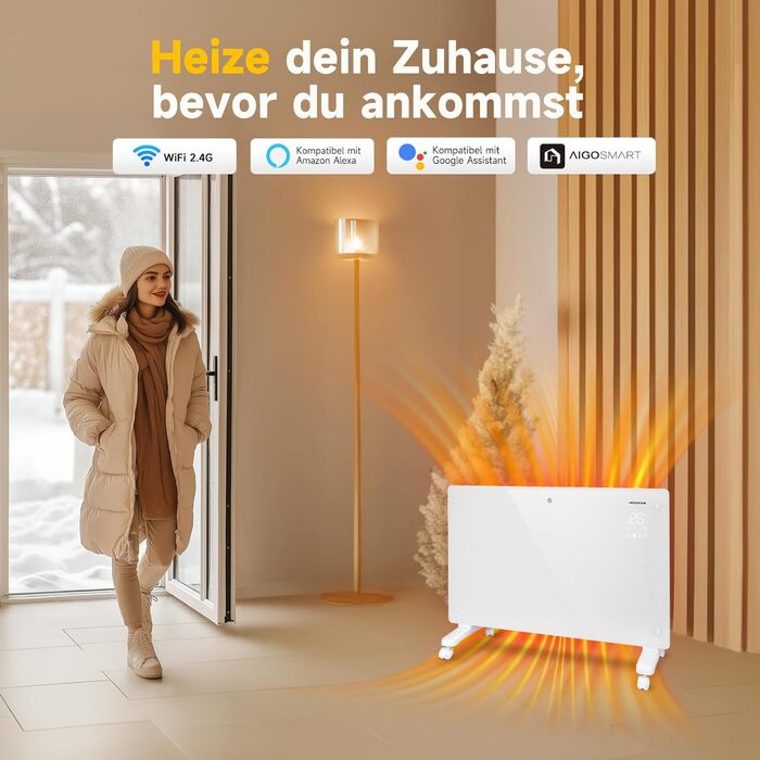 Електричний скляний конвекторний обігрівач Aigostar з пультом дистанційного керування для кімнат площею приблизно 30 м, радіатор з термостатом, енергозберігаючий ECO, тихий, 24-часовий таймер, окремостоячий/настінний, додаток Wi-Fi, 2000 Вт, чорний, білий