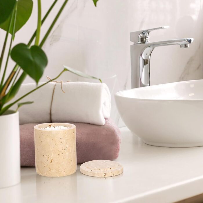 Травертиновий круглий сучасний ватний диск-диспенсер для ватних дисків з кришкою, тримач для макіяжу, для ванної кімнати, спальні, туалетного столика, раковини, готелю, офісу, жіночі подарунки (9,3x11,5 см)