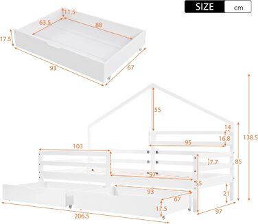 Дитяче ліжко Merax 90x200 см із захистом від падіння, дитяче ліжко-будиночок з шухлядами та полицею для зберігання, міцне дерев&39яне ліжко-будиночок на дереві з рейковою основою, ігрове ліжко для хлопчиків та дівчаток, біле 90 x 200 см, біле з шухлядами