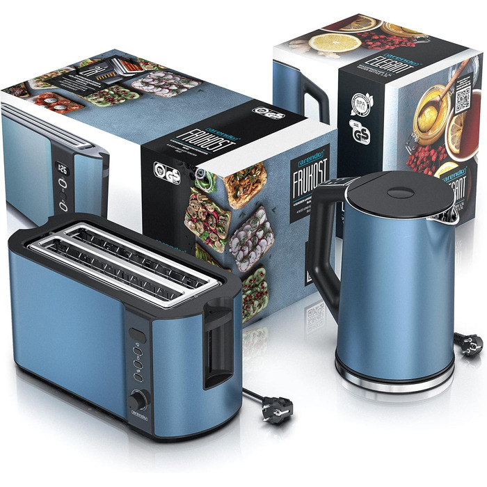 Чайник з тостером SET Нержавіюча сталь синій, чайник 1,5 л, 40 - 100C Тостер з функцією збереження тепла 4 скибочки LED-дисплей 6 ступенів підрум'янювання Насадка для рулону