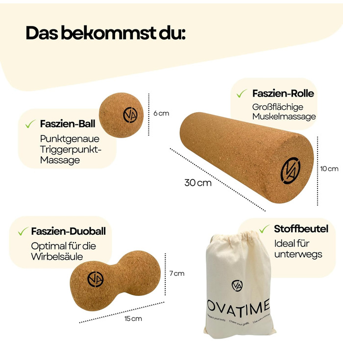 Набір для фасцій OVATIME з корку - фасційний валик 30 см x 10 см, Duoball 15 см x 7 см, фасційний м&39яч 6 см x 6 см - оптимальна підготовка до навантаження, сприяє швидкій регенерації, запобігає фасціальним спайкам