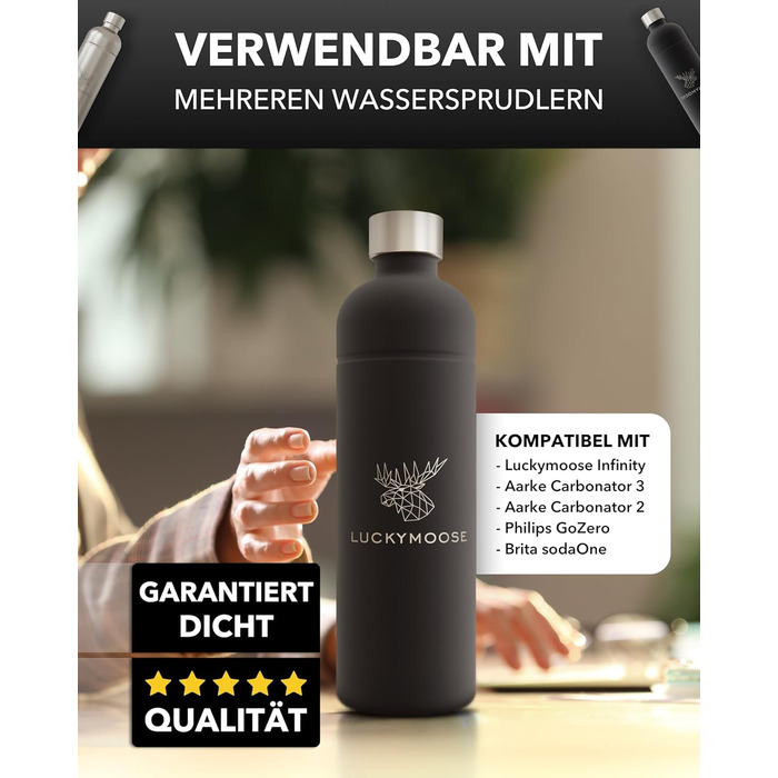 Пляшка Luckymoose Infinity 1.25 л для газованої води Aarke Carbonator 3, Philips GoZero & Brita SodaOne Maker - пляшка з нержавіючої сталі, яку можна мити в посудомийній машині без терміну придатності (2 шт. чорна)