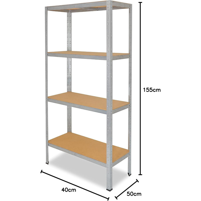 Міцний домашній стелаж, оцинкований/металевий стелаж з 4 полицями/металевий стелаж для підвалу, гаражний стелаж, стелаж для майстерні або стелаж для зберігання/змішаний металевий стелаж з вантажопідйомністю 175 кг В 155см / Ш 40см / Г 50см, 155x40x50