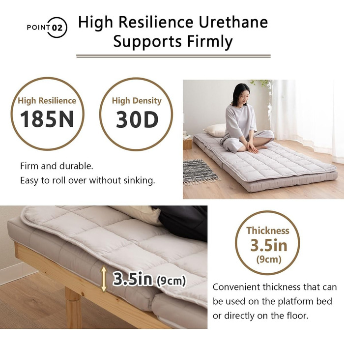 Матрац-футон EMOOR, японський, триразовий, з наматрасником, 90 x 202 см, сірий, з кільцями, складаний, можна прати, гостьове ліжко для сну на підлозі, татамі 90 x 202 см, розкладний тип з подушкою (сірий)