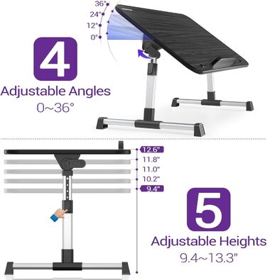 Стіл для ноутбука та сніданку Nearpow (великий розмір), регульований підставка для ноутбука на ліжко, портативний мобільний стіл з відкидними ніжками, складаний столик на коліна для дивана, ліжка, підлоги, великий розмір, чорний