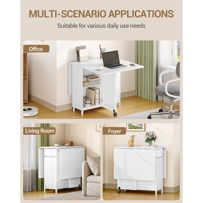 Обідній стіл Hzuaneri, розкладний обідній стіл на колесах, для 3-6 осіб, розкладний стіл з шухлядами, шафами та дворівневими відкритими полицями, підходить для невеликих приміщень, білий KT14003W