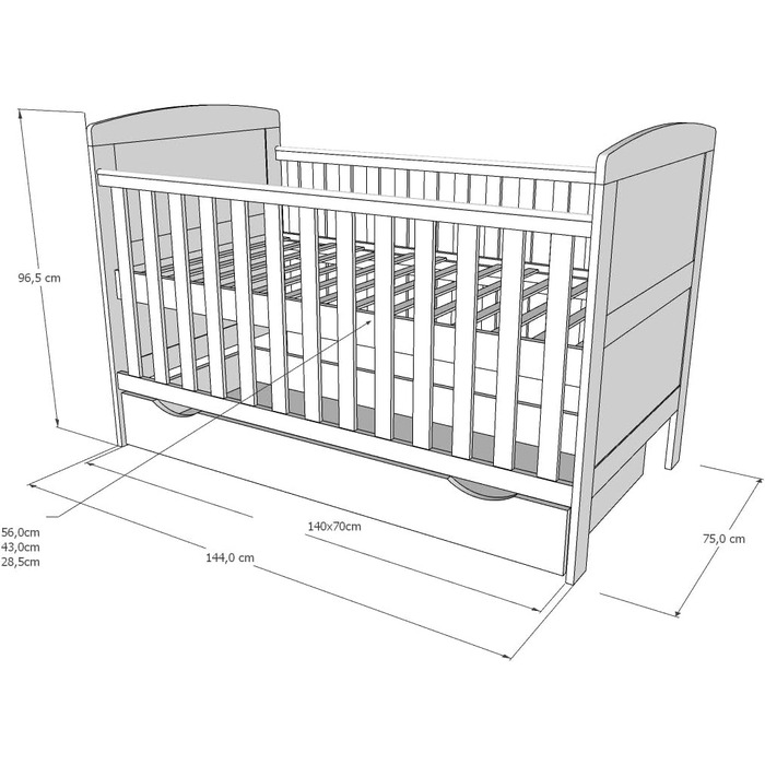 Дитяче ліжко/ліжечко Kids Collective 70x140 см з матрацом та шухлядою, трансформоване ліжечко, регульована висота Біле дитяче ліжко, зроблено в Європі, 70x140 см Від народження до 6 років, 70 x 140 см з шухлядою матрац, біле