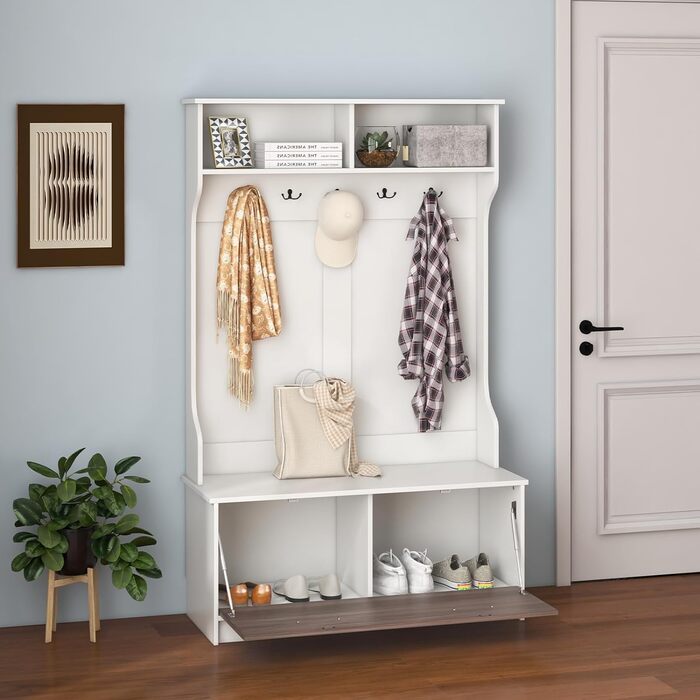 Вішалка для одягу COSTWAY з лавкою та 5 подвійними гачками, вішалка для одягу з відкритими відділеннями та тумбою для взуття, пере