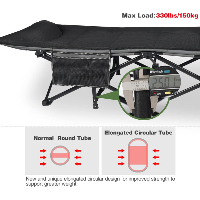 Складане туристичне ліжко з наматрацником для дорослих, XXL 190 x 71 x 38 см, Складане туристичне ліжко з матрацом для кемпінгу, саду, використання в приміщенні та на вулиці, чорне