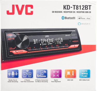 Ресивер JVC KD-T812BT із системою гучного зв'язку BT (вбудований Alexa, високопродуктивний тюнер, звуковий процесор, USB, AUX, Spotify Control, 4 x 50 Вт, підсвічування червоної клавіші) Одномісний