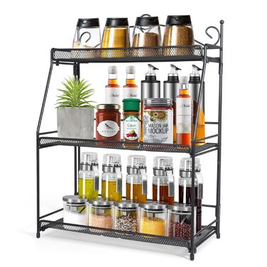 Стійка для спецій Uten, 3-рівнева металева кухонна полиця, складна та міцна, для стільниці, кухні, ванної кімнати, чорного кольору