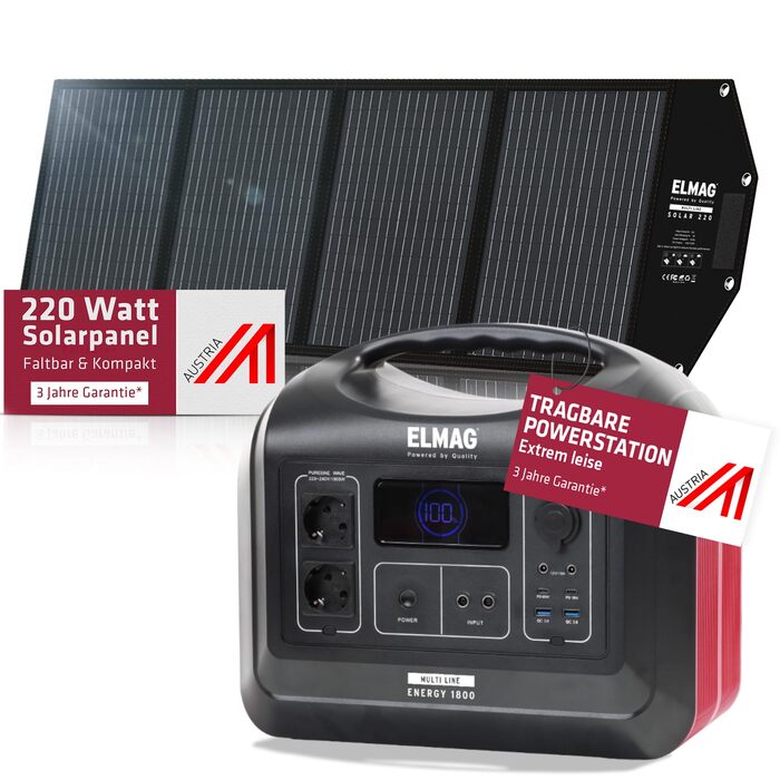 Сонячний генератор ELMAG ENERGY 1800 SOLAR 220 Портативна електростанція потужністю 1480 Втгод зі складною сонячною панеллю 220 Втп Накопичувач енергії з акумулятором LiFePO4 та виходом 230 В змінного/постійного струму/USB Для кемпінгу, відпочинку на прир
