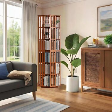 Книжкова полиця, що обертається на 360, з 5/6-ярусною бамбуковою полицею для зберігання, підлогова книжкова шафа-стійка, вітрина для дітей та дорослих, вітальня, кабінет, офіс (6 полиць)