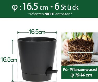 Пластиковий квітковий горщик T4U 16,5 см з системою поливу, набір із 6 самополивних кашпо з блюдцями, круглі кашпо для кімнатних та балконних садових рослин, сукулентів, кактусів, чорний 16,5 см чорний
