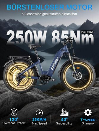 Електричний велосипед HANEVEAR для дорослих, змінний акумулятор 21Ah 48V, фетбайк 250W 85Nm, максимальний запас ходу 120 км, подвійні масляні гальма, гірський електровелосипед 26x4.0&39&39 для бездоріжжя