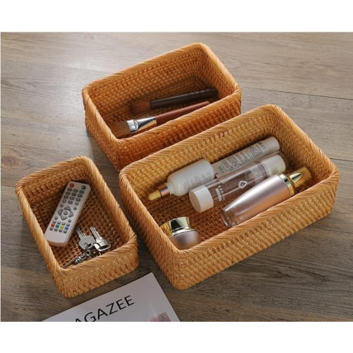 Кошики для зберігання з натурального ротанга, прямокутні плетені кошики для фруктів, органайзери для плетених кошиків для ванної кімнати, вітальні (комплект з 3 шт.)
