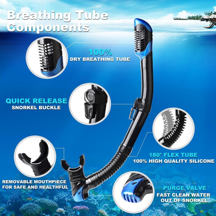 Набір для сноркелінгу, спорядження для сноркелінгу для дорослих, професійна маска для сноркелінгу з антизапотіванням, суха маска для фрідайвінгу, сноркелінгу, плавання, синій комплект для сноркелінгу - Panorama 3